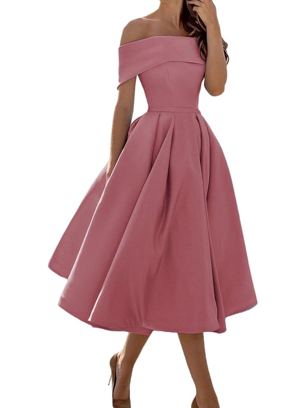 Off-Shoulder Rose Pink A-Line Midi Dress